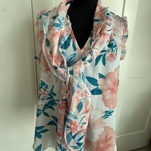 Sleeveless Blouse w/attached Bow Peach & Turquoise Floral by Fever, Size M